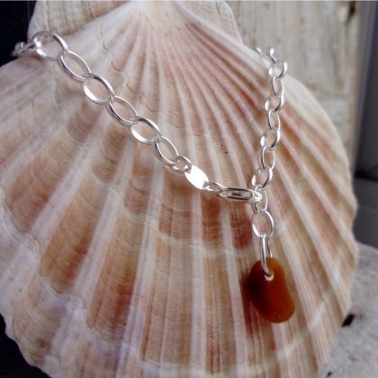 Silver Chain & Brown Sea Glass Charm Bracelet