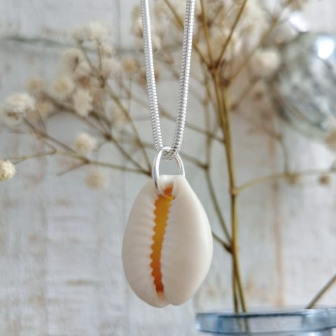 Natural white Cowrie Seashell Silver Necklace